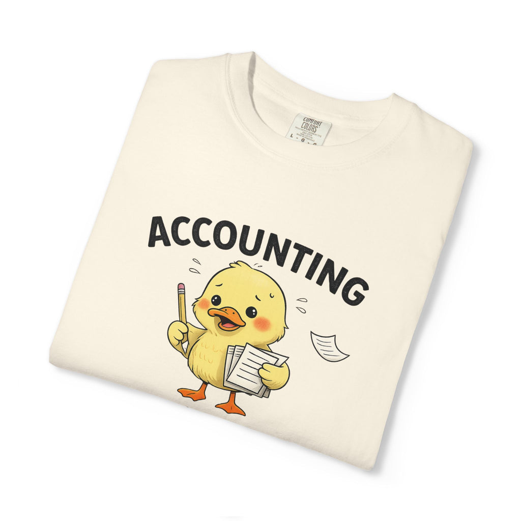 Accounting Duck T-Shirt — "Chaos Is Seasonal" Cute Frantic Paperwork Tee