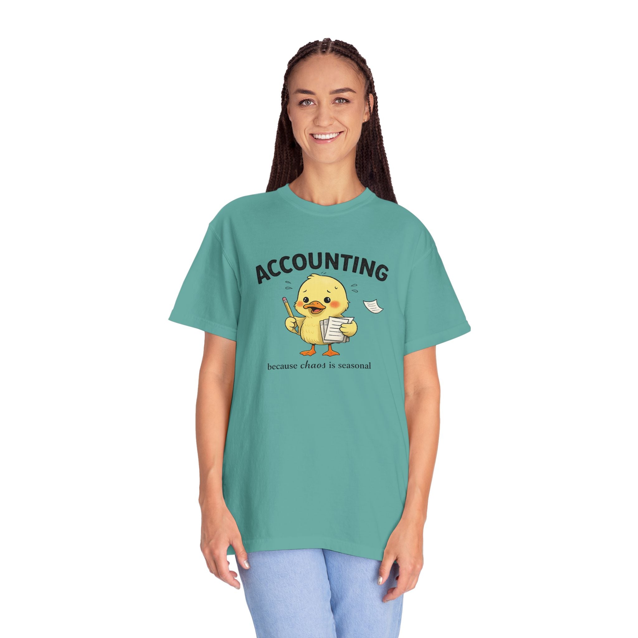 Accounting Duck T-Shirt — "Chaos Is Seasonal" Cute Frantic Paperwork Tee