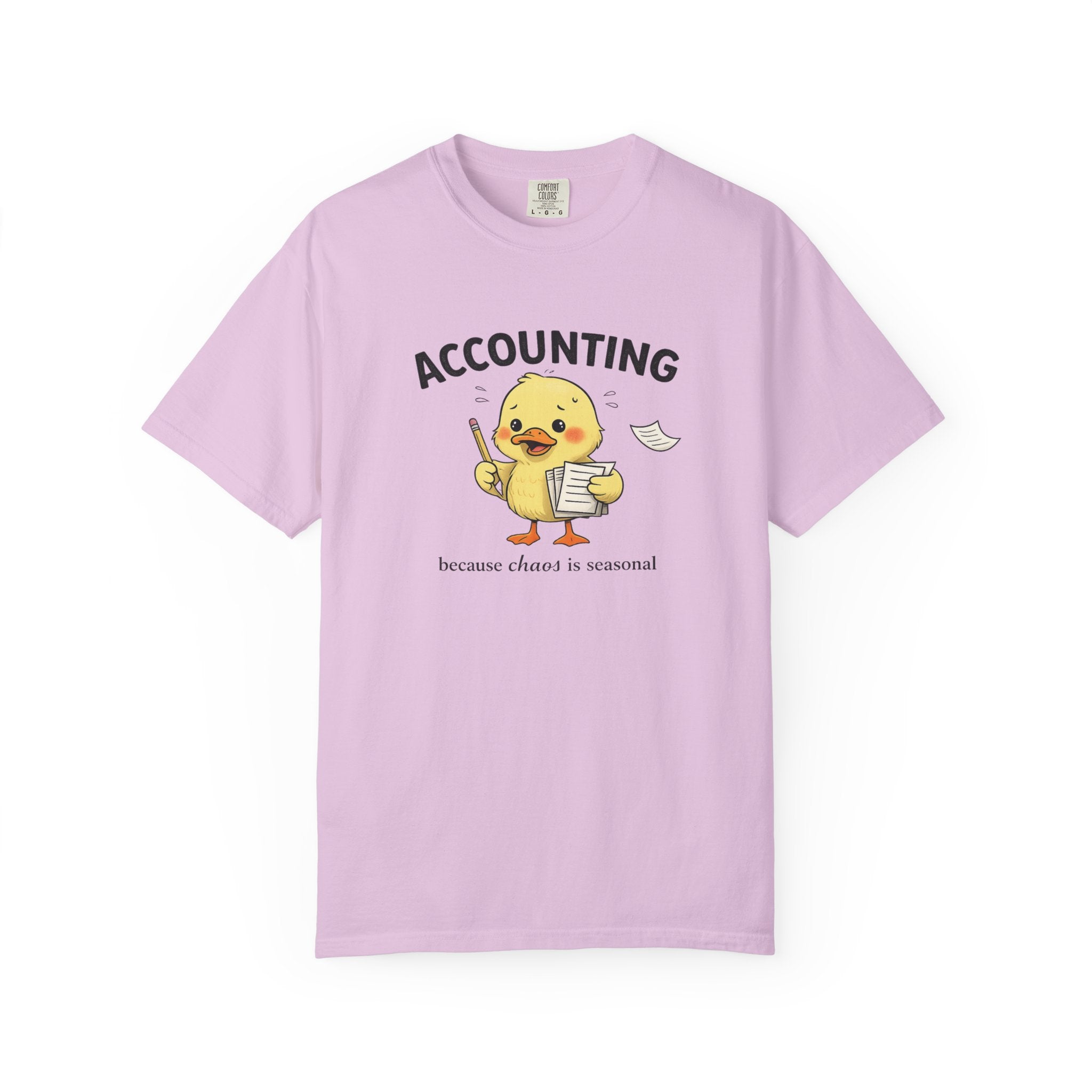 Accounting Duck T-Shirt — "Chaos Is Seasonal" Cute Frantic Paperwork Tee