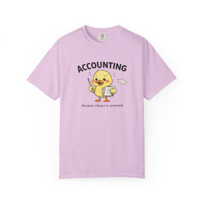 Accounting Duck T-Shirt — "Chaos Is Seasonal" Cute Frantic Paperwork Tee