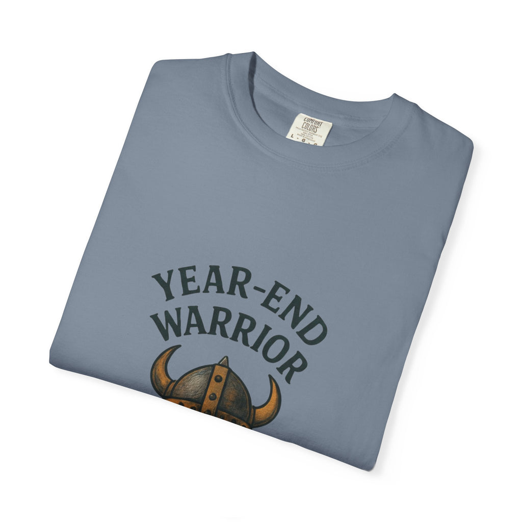 Year-End Warrior T-Shirt — Viking Helmet & Progress Chart Holiday Hustle Tee