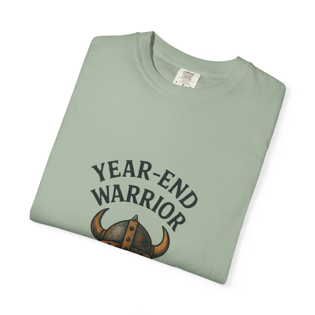 Year-End Warrior T-Shirt — Viking Helmet & Progress Chart Holiday Hustle Tee