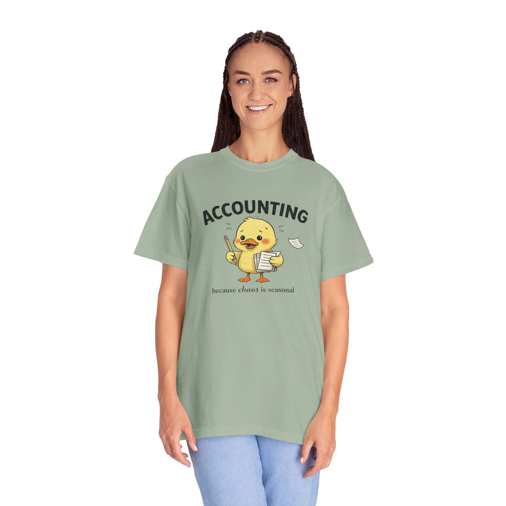 Accounting Duck T-Shirt — "Chaos Is Seasonal" Cute Frantic Paperwork Tee