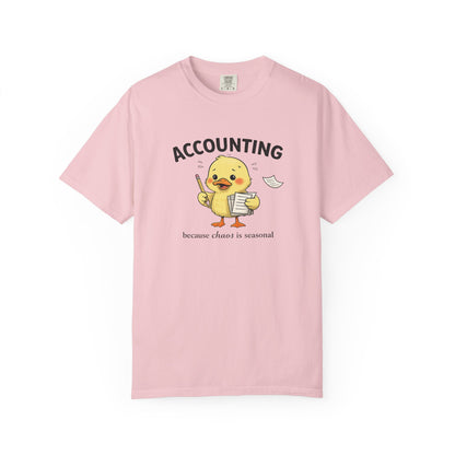 Accounting Duck T-Shirt — "Chaos Is Seasonal" Cute Frantic Paperwork Tee