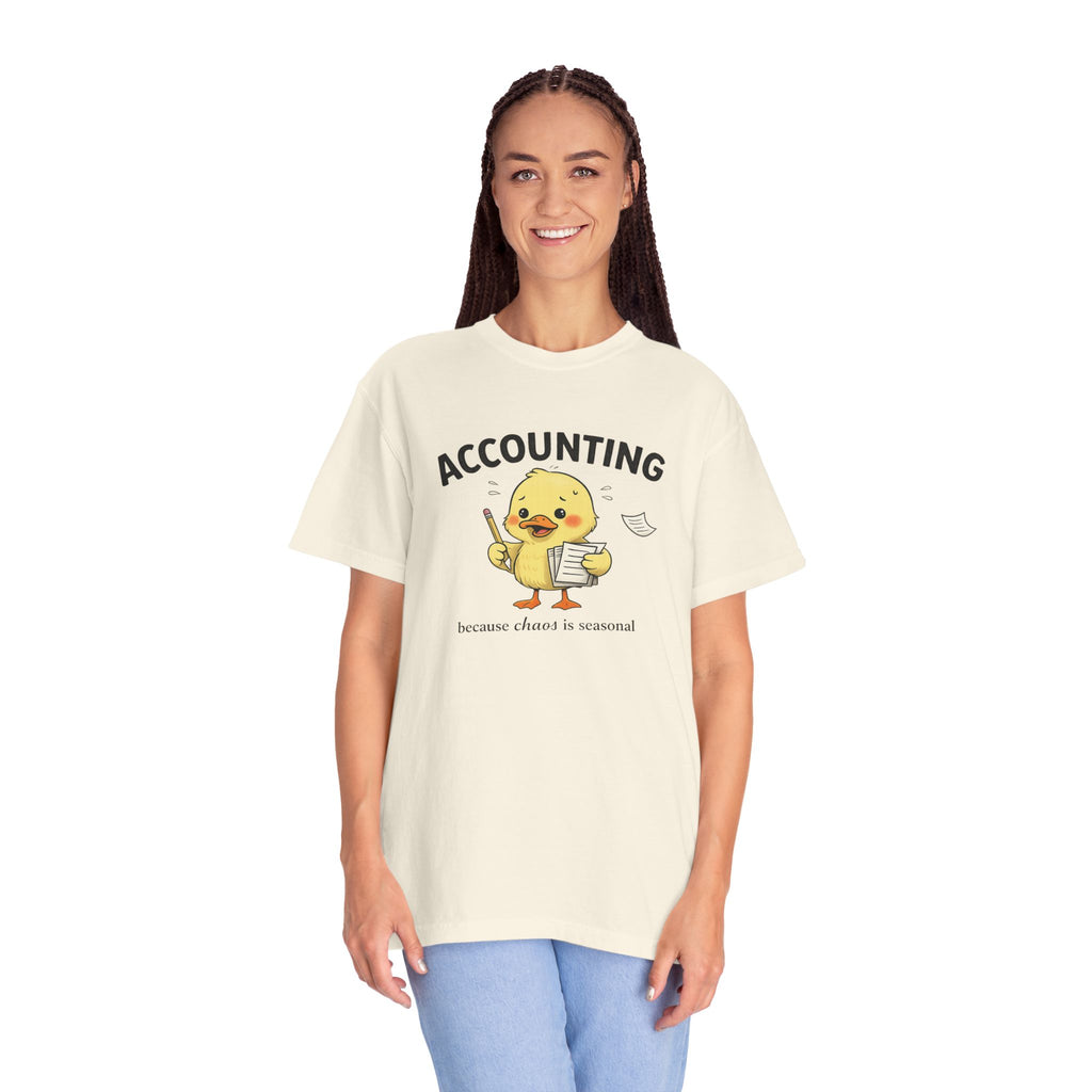 Accounting Duck T-Shirt — "Chaos Is Seasonal" Cute Frantic Paperwork Tee