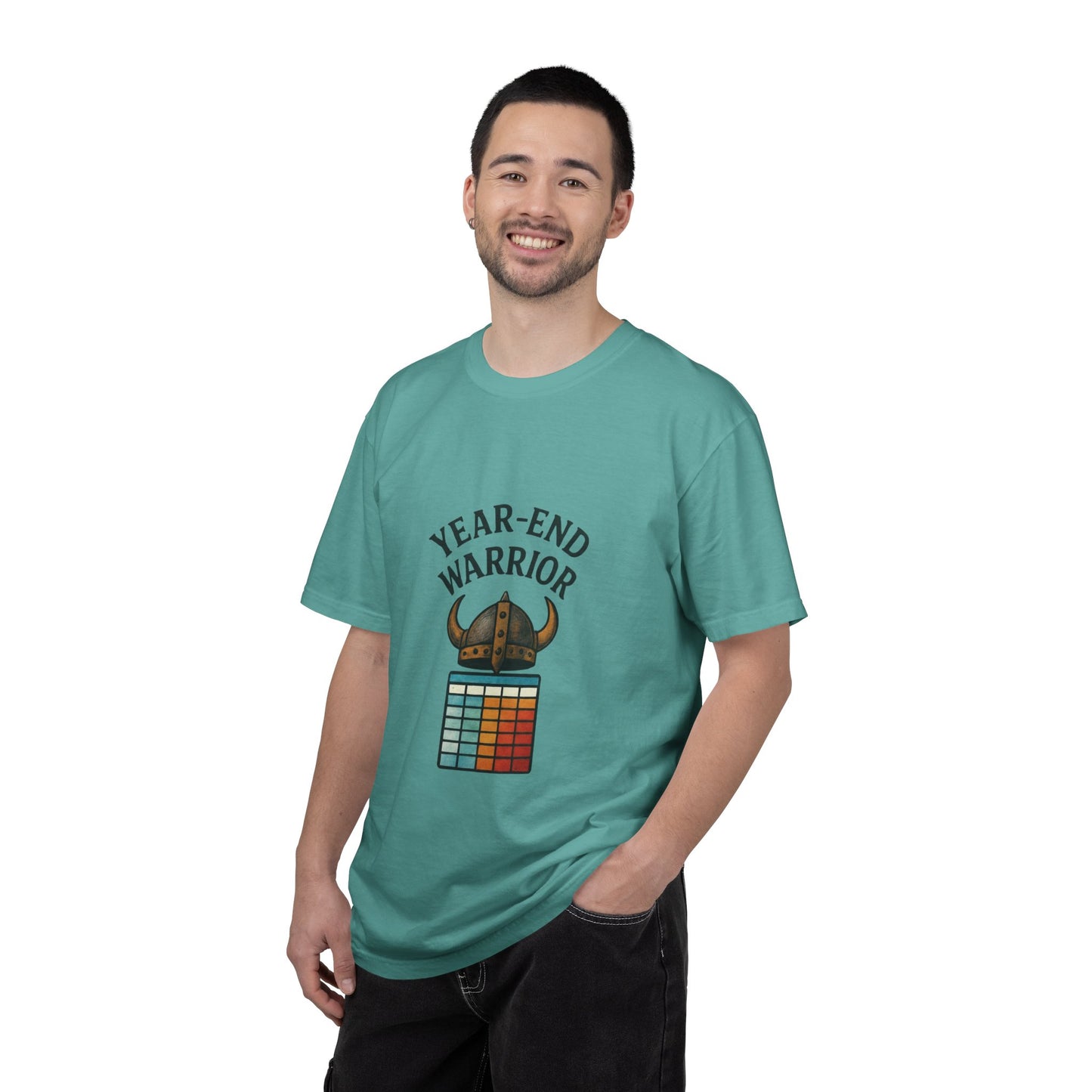 Year-End Warrior T-Shirt — Viking Helmet & Progress Chart Holiday Hustle Tee