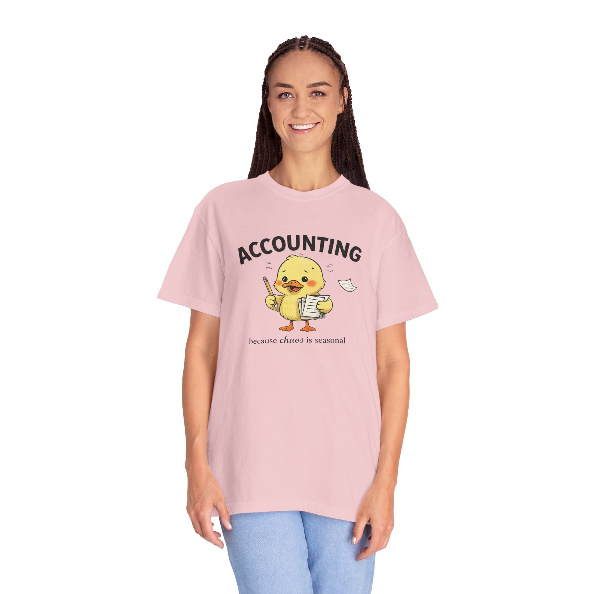 Accounting Duck T-Shirt — "Chaos Is Seasonal" Cute Frantic Paperwork Tee
