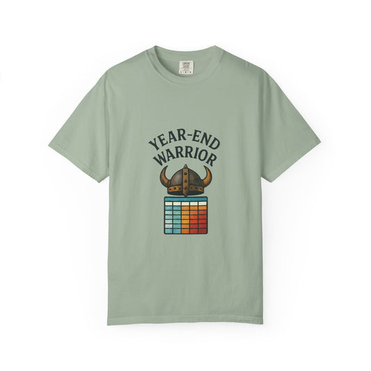 Year-End Warrior T-Shirt — Viking Helmet & Progress Chart Holiday Hustle Tee