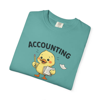 Accounting Duck T-Shirt — "Chaos Is Seasonal" Cute Frantic Paperwork Tee