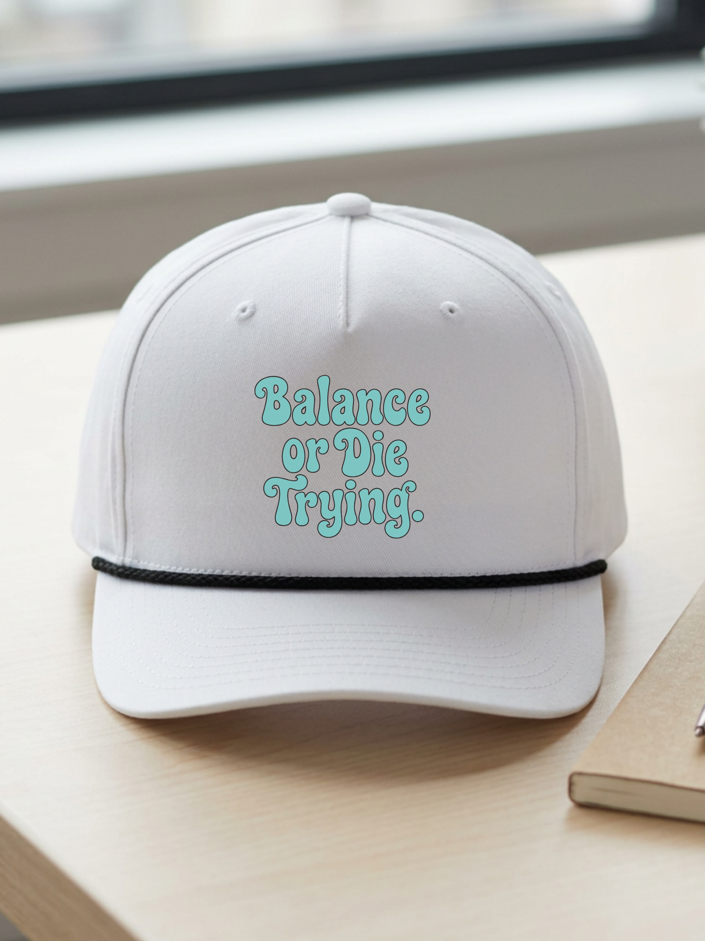 Balance or Die Trying – Bubble Letter Accountant Hat (White, Teal Design, Richardson 258 Classic Rope Cap)