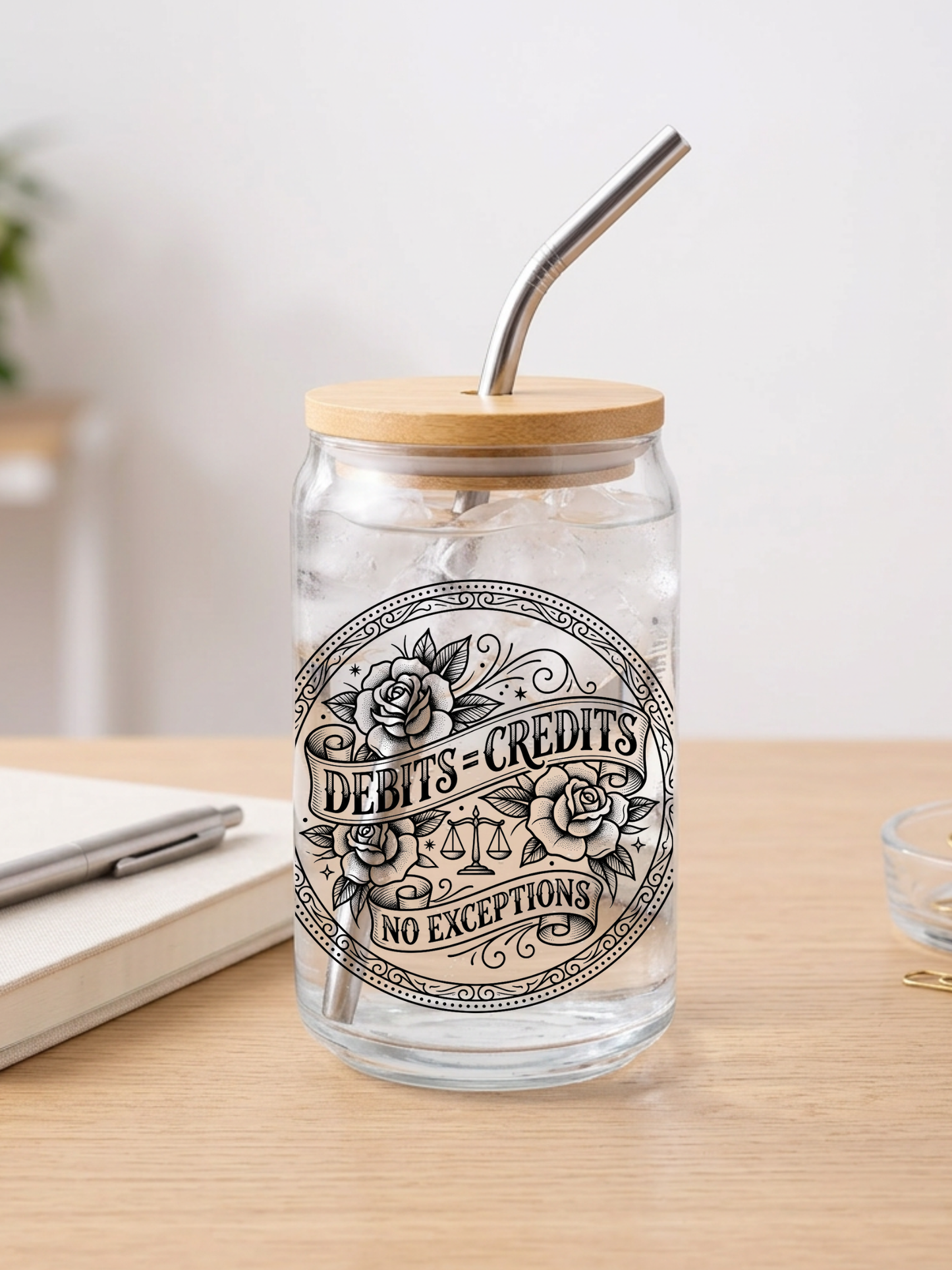“Debits = Credits” 16 oz. Glass – Tattoo Floral Design