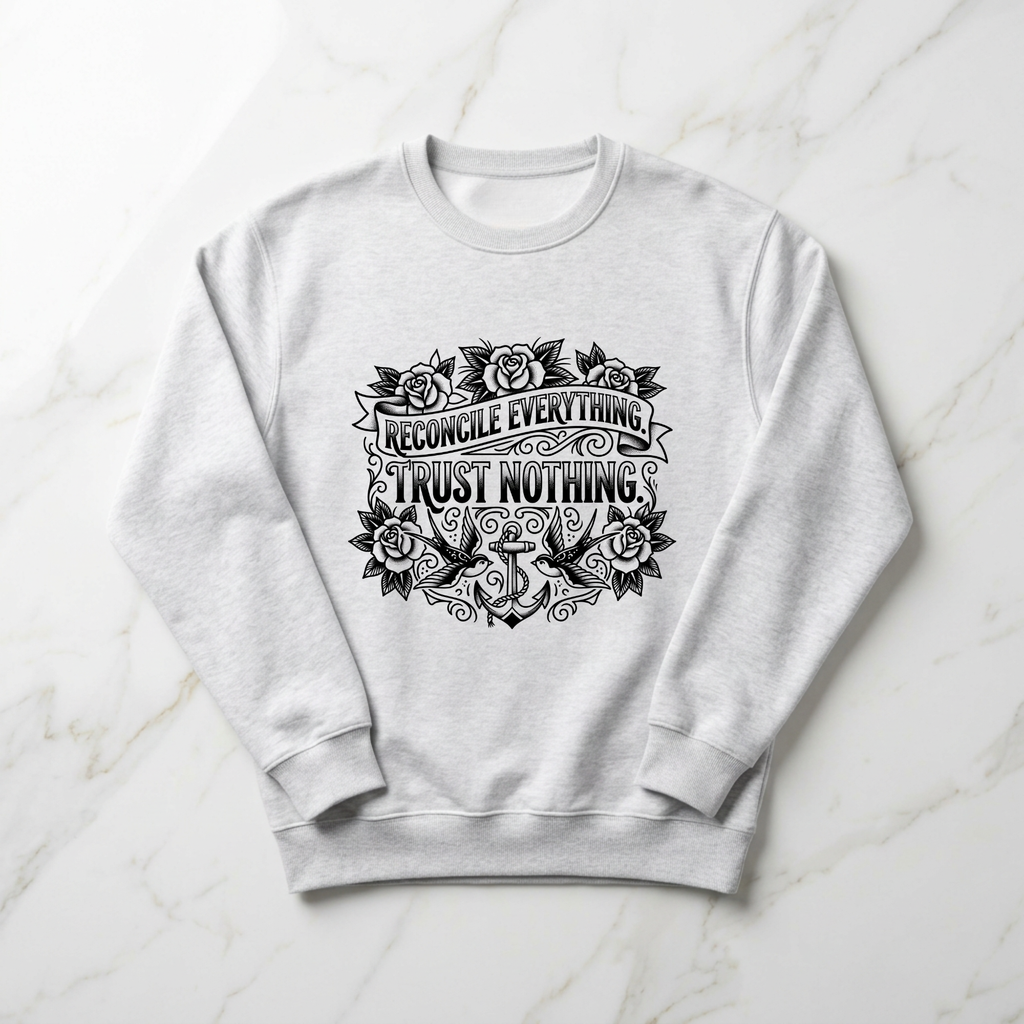 Reconcile Everything. Trust Nothing. – Tattoo-Style Crew Neck Sweatshirt (Gray, Women Accountants)