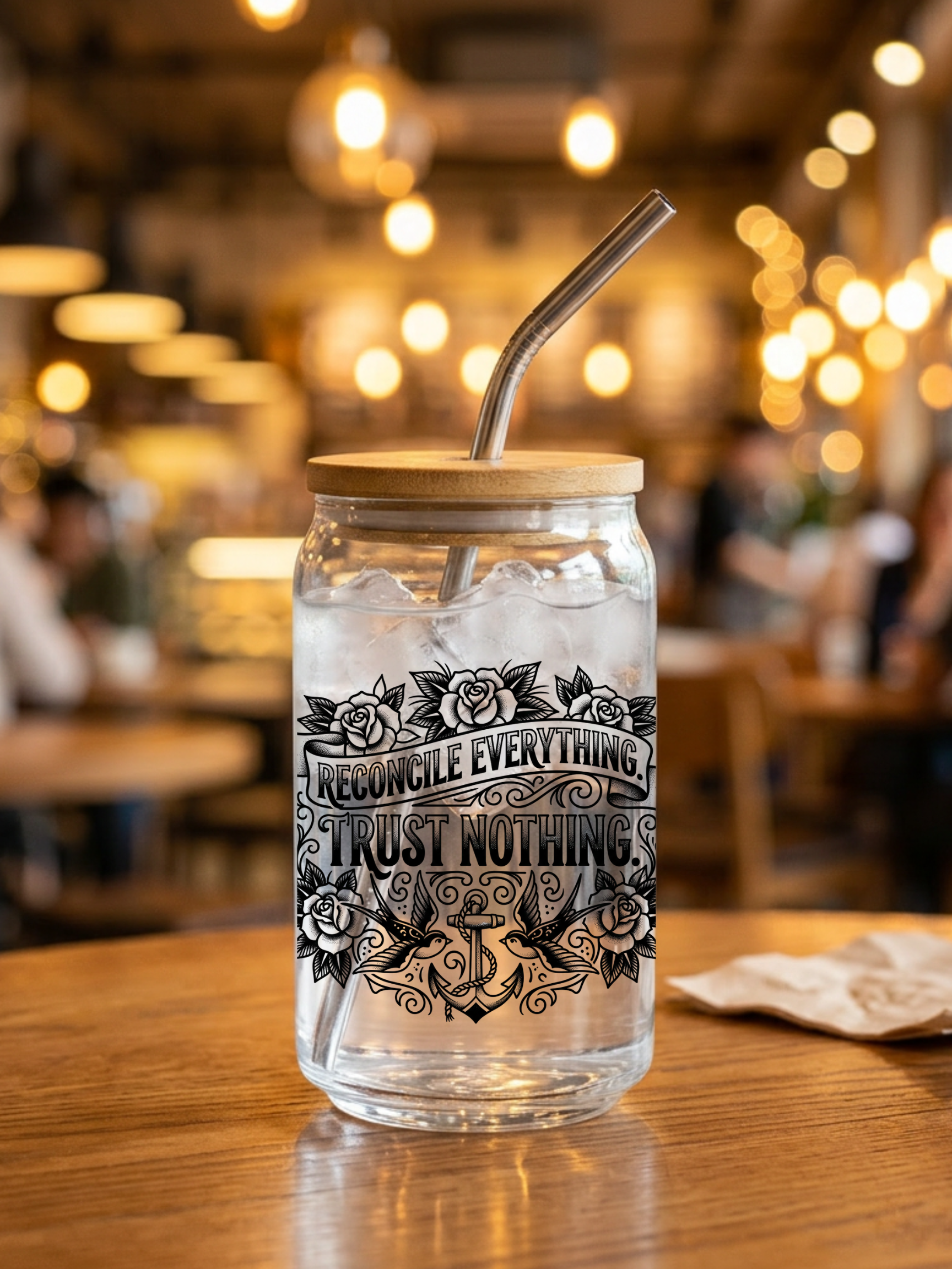 Reconcile Everything. Trust Nothing. – Tattoo-Style Can-Shaped Glass (16oz, With or Without Lid & Straw)