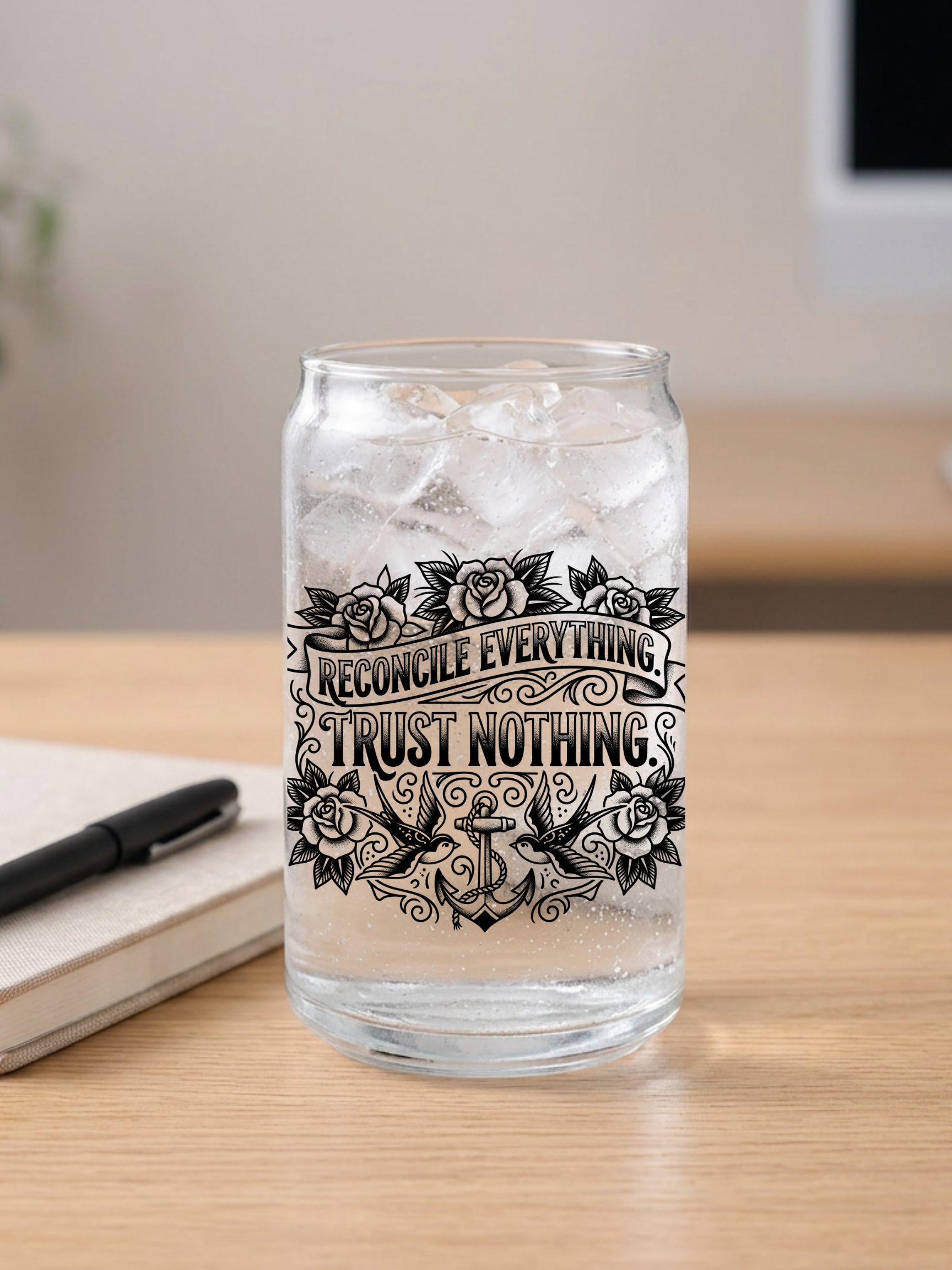 Reconcile Everything. Trust Nothing. – Tattoo-Style Can-Shaped Glass (16oz, With or Without Lid & Straw)